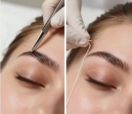 Primer plano de la depilación de cejas con hilo en el ojo cerrado de una mujer, con las manos enguantadas utilizando una herramienta de depilación.