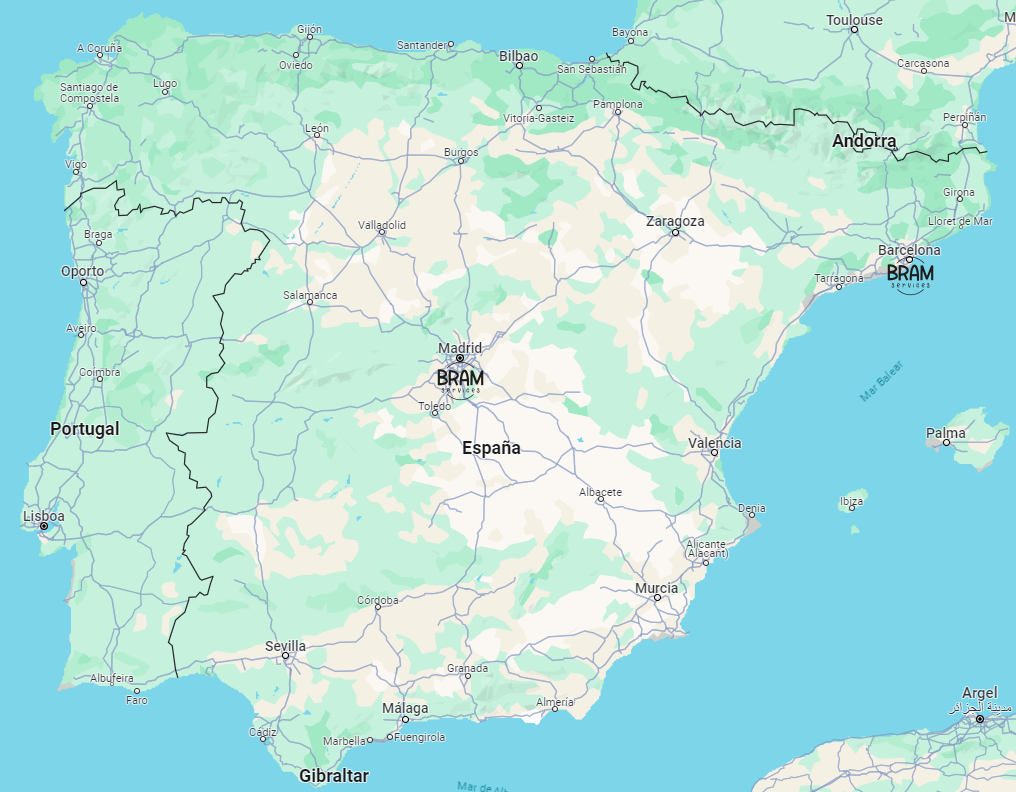 Un mapa de España con muchas carreteras y ciudades.