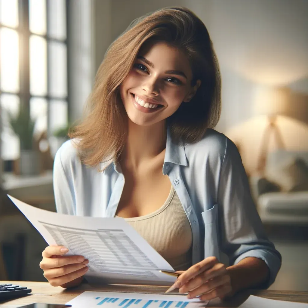 Una mujer está sentada en una mesa sosteniendo un trozo de papel y sonriendo.