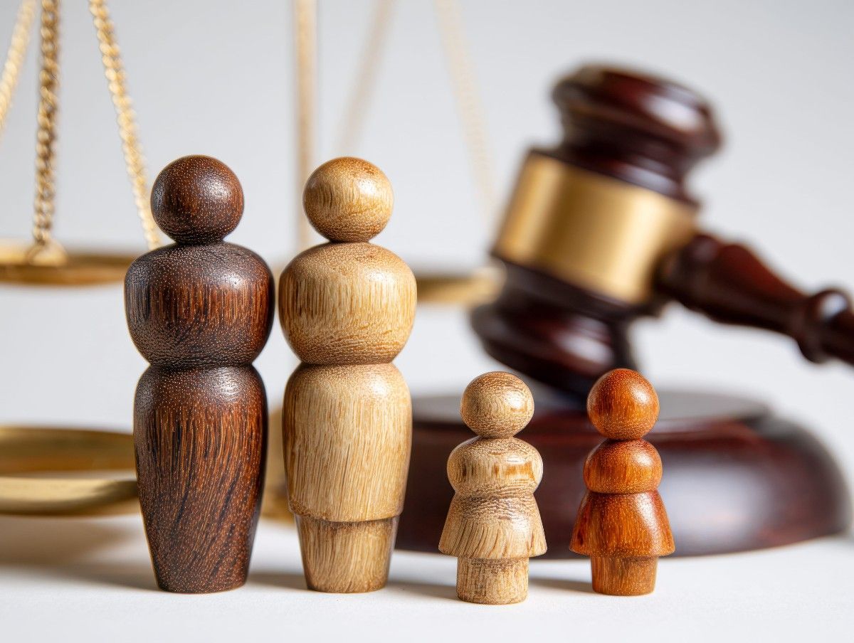 Figuritas de madera que representan a dos adultos y dos niños se yerguen frente a un mazo de juez y una balanza de la justicia.