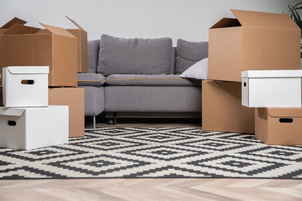 Una sala de estar llena de cajas de cartón y un sofá.