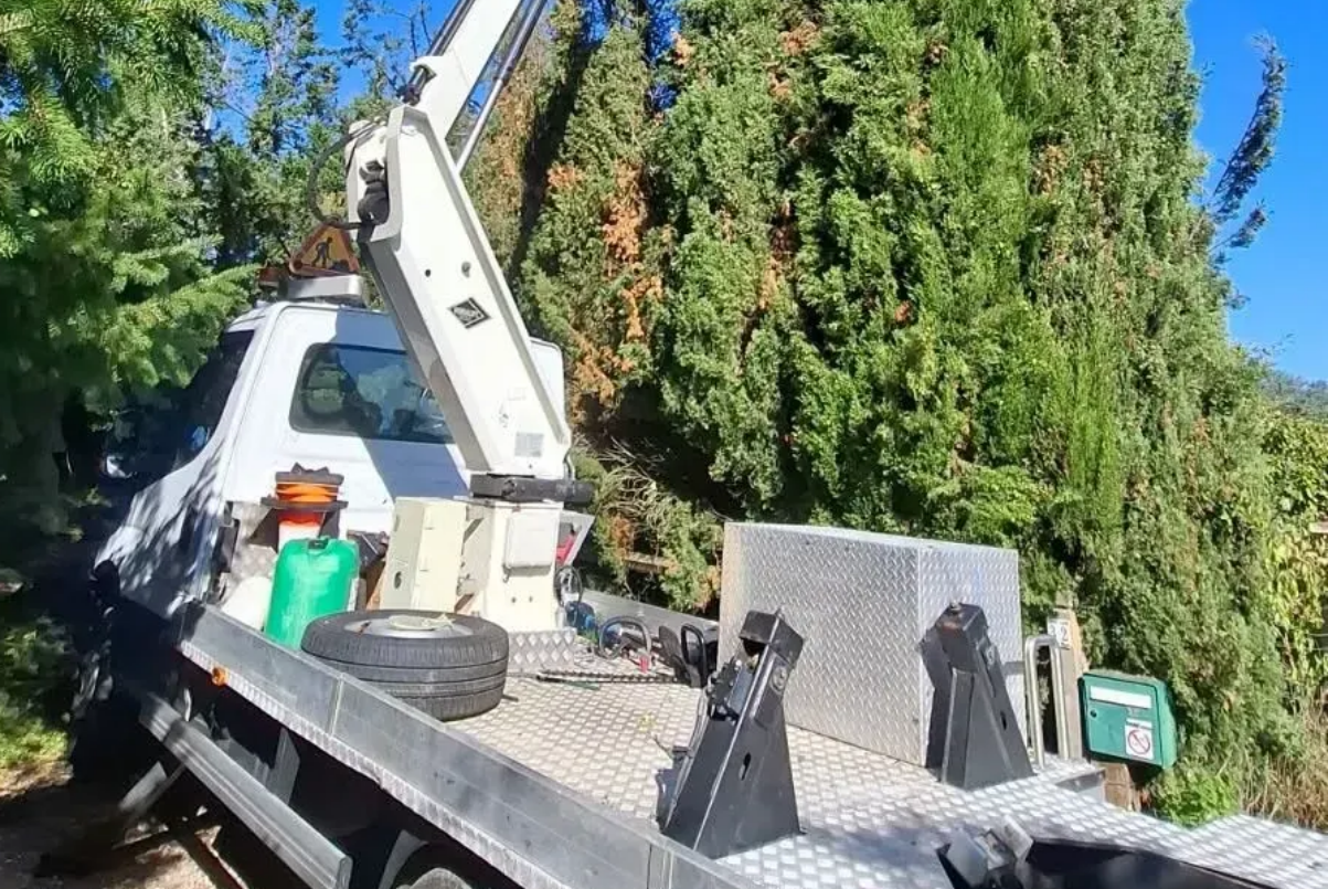 Un tracto-pelle avec une grue pour élaguer des arbres