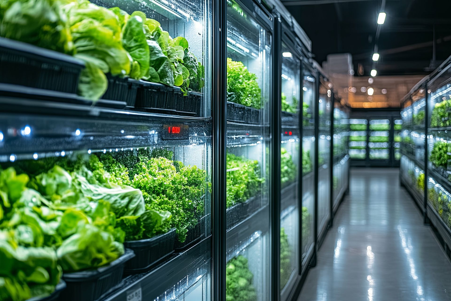Vitrines réfrigérées avec de la salade à l'intérieur