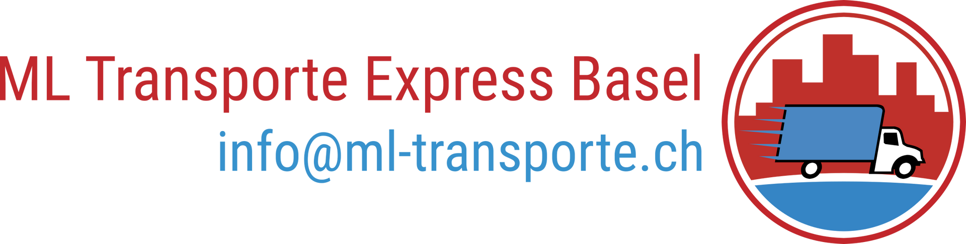 Logo von ML Transporte Express Basel mit einem LKW und der Skyline der Stadt in einem rot-blauen Kreis.