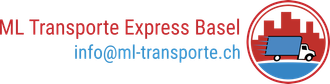 Logo von ML Transporte Express Basel mit einem LKW und der Skyline der Stadt in einem rot-blauen Kreis.