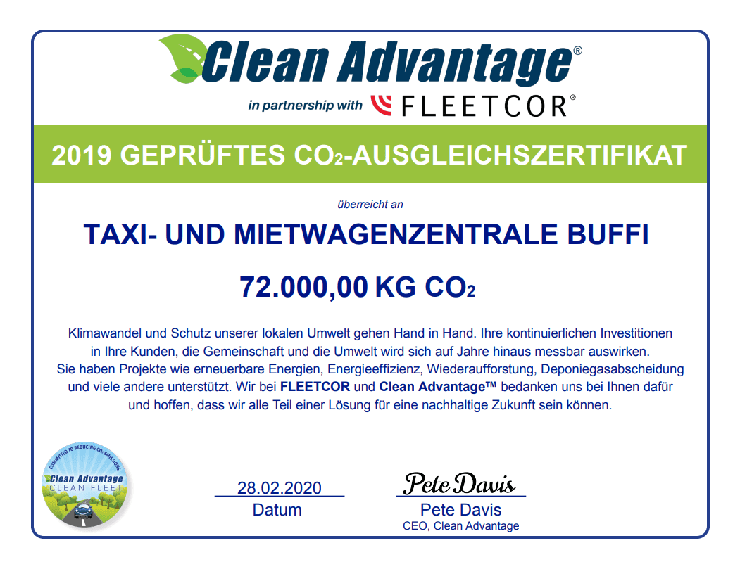 Clean Advantage Fleetcor-Zertifikat mit grünem Header für Taxi- und Mietwagenzentrale BUFFI, 72.000 kg CO2