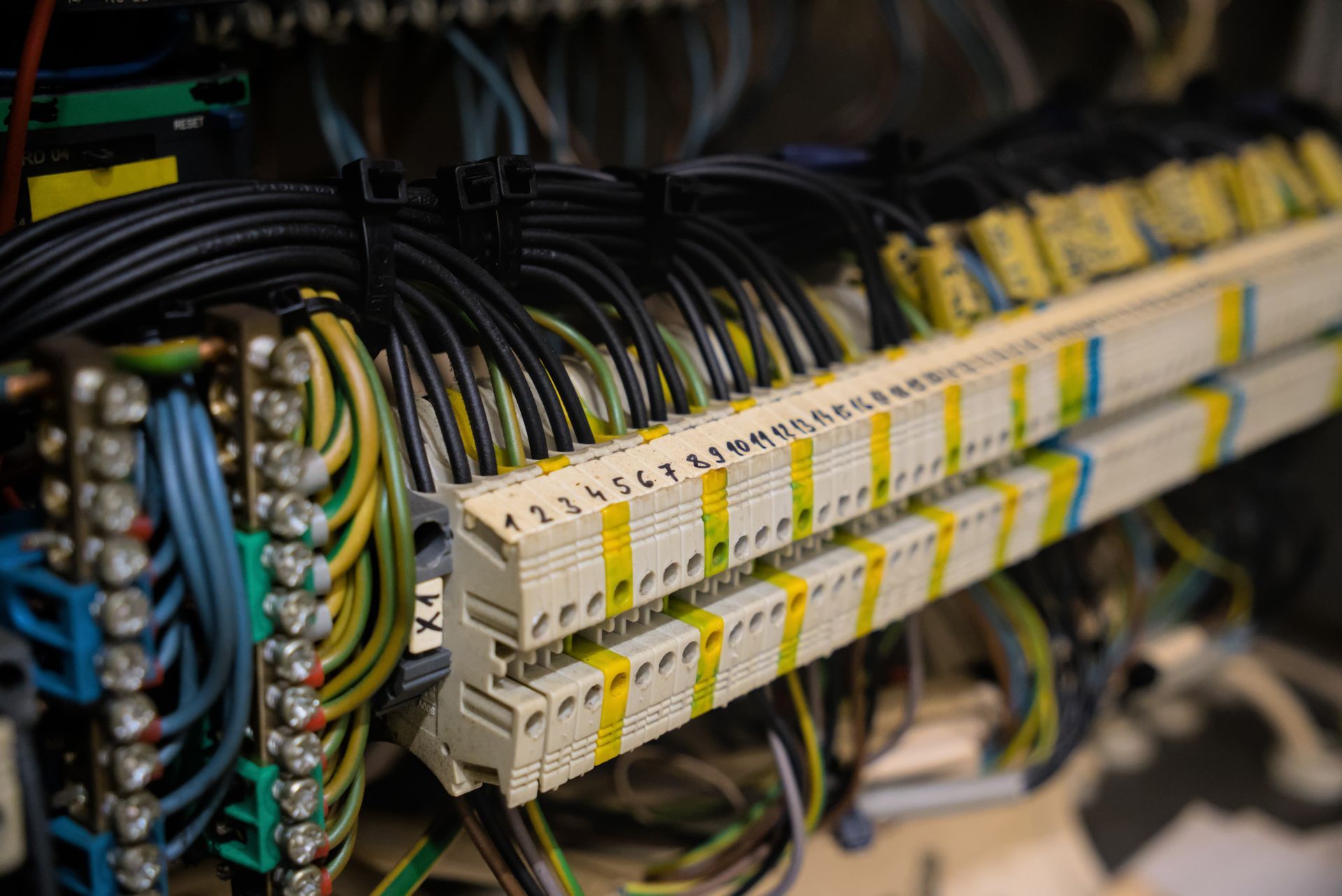 Panneau de commande électrique avec rangées de borniers et faisceaux de fils noirs, bleus et jaunes.