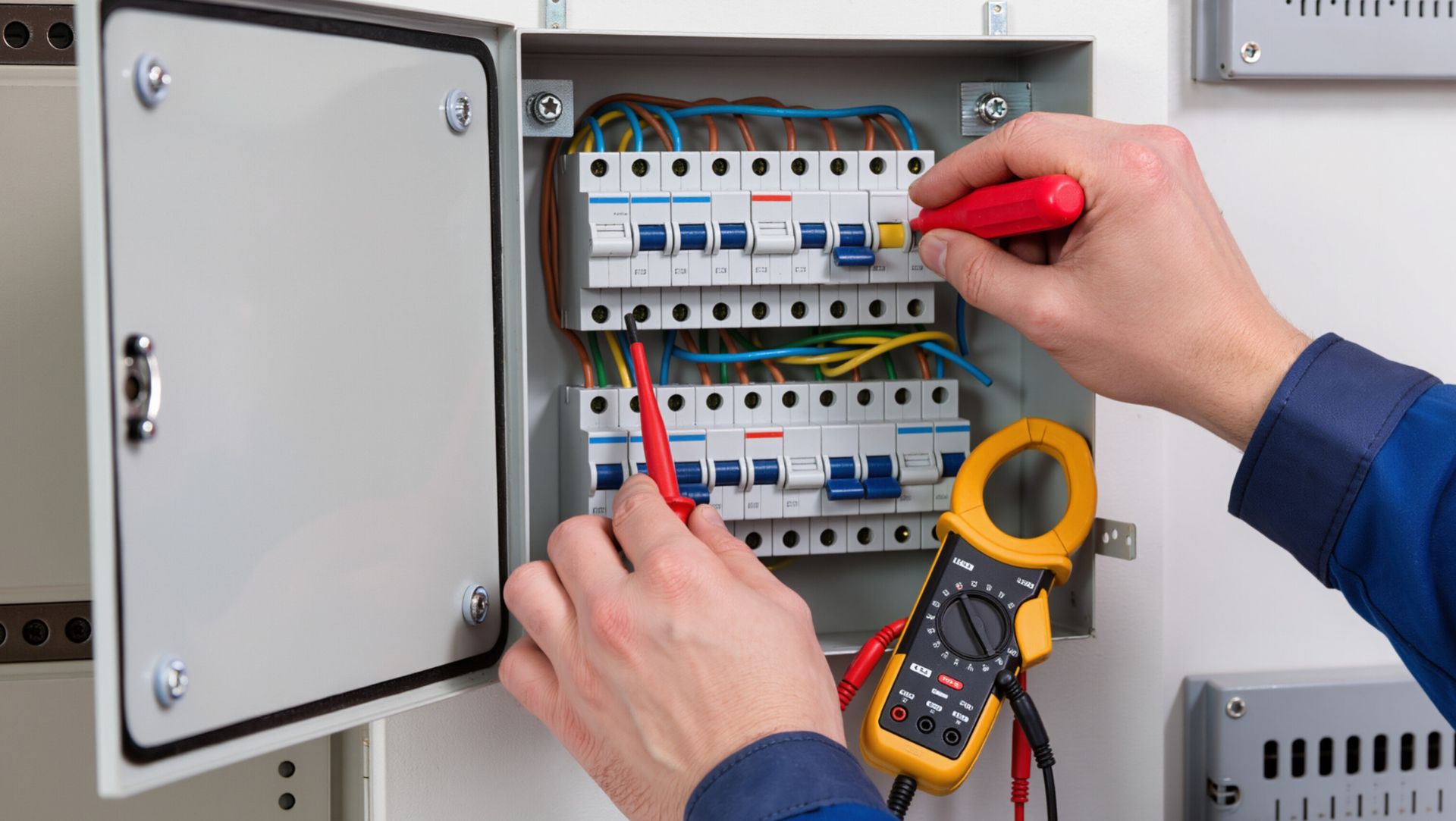 Un électricien teste un tableau de disjoncteurs avec un multimètre et une sonde rouge.