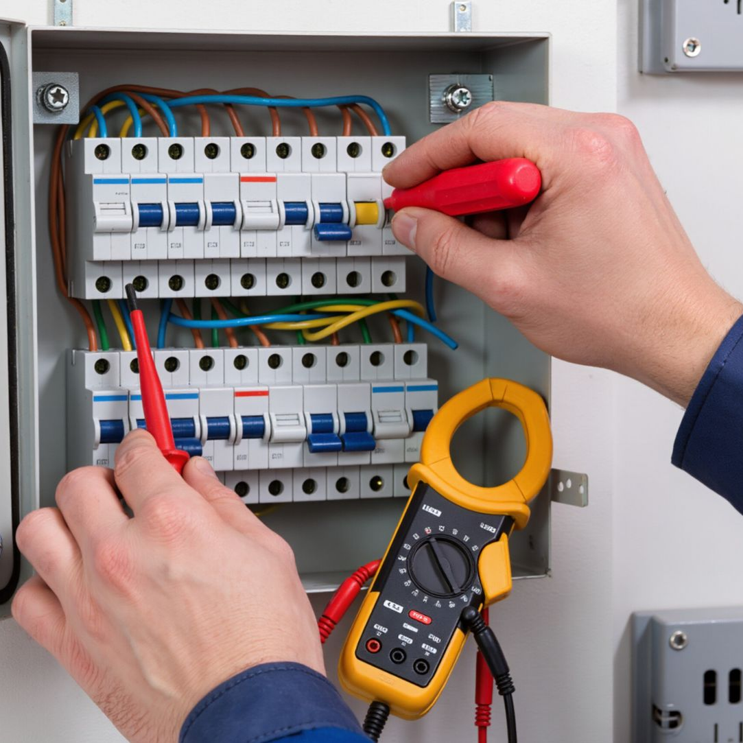 Un électricien teste un tableau électrique à l'aide d'un multimètre et de sondes dans une boîte électrique ouverte.