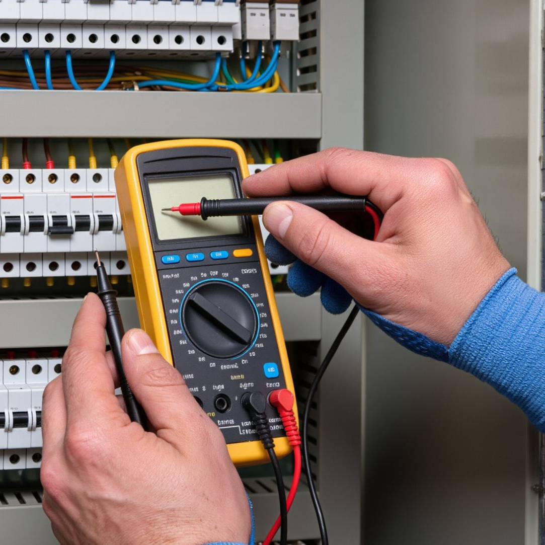 Des mains testent un tableau électrique avec un multimètre numérique et une sonde rouge.