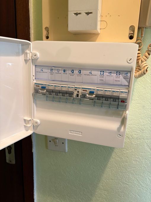 Panneau électrique ouvert avec plusieurs interrupteurs étiquetés dans une niche murale.