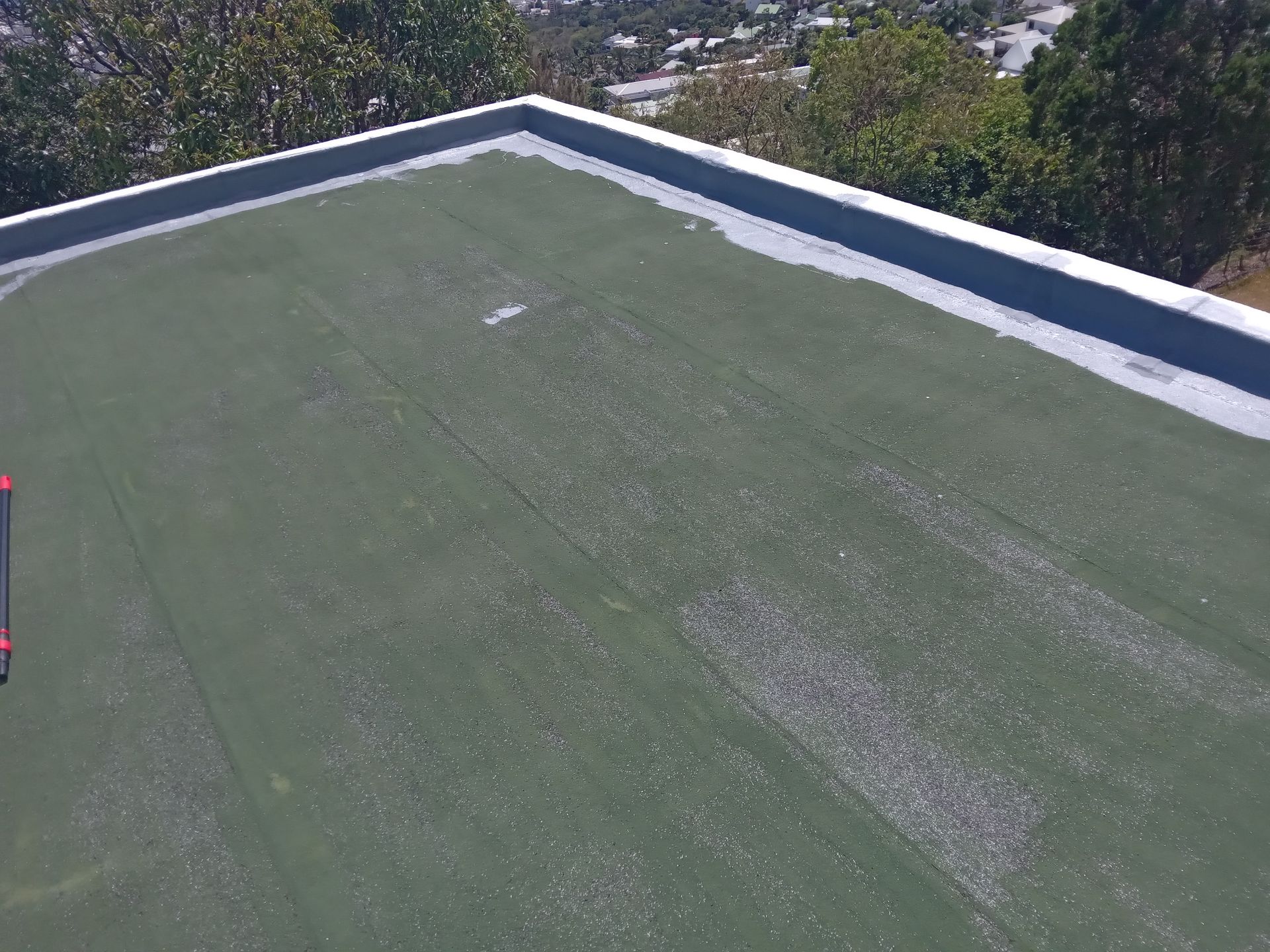 Toit plat, vert foncé, recouvert de granules blancs ; bordures blanches et arbres en arrière-plan.