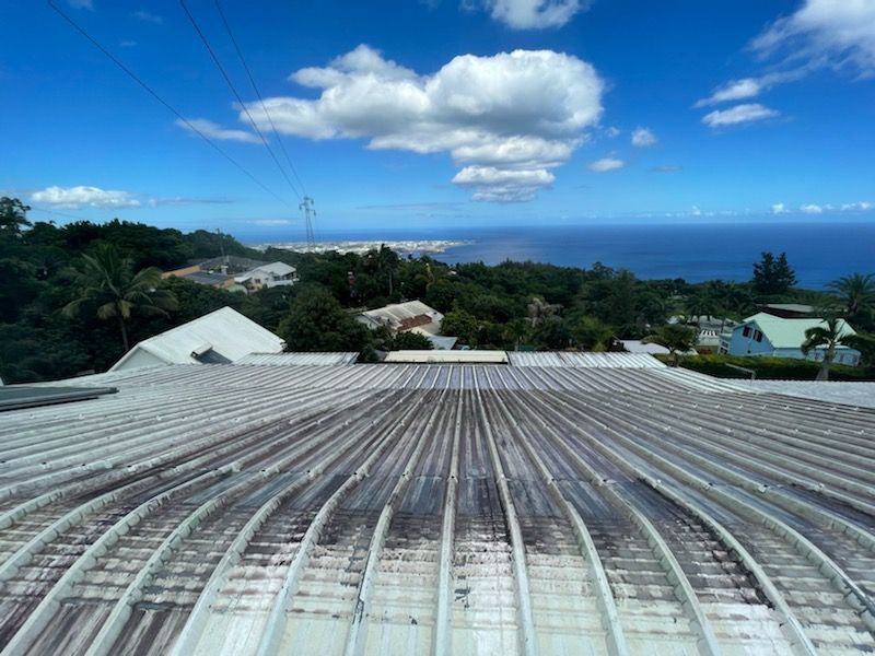 Toit métallique incurvé donnant sur des arbres verdoyants, une ville au loin et l'océan bleu.