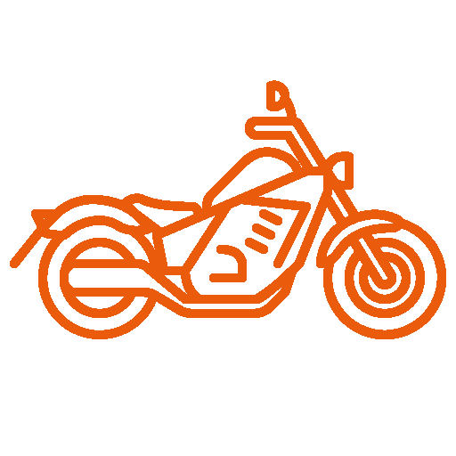 Ein orangefarbenes Motorradsymbol auf weißem Hintergrund.