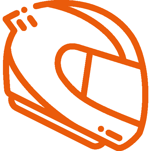 Ein orangefarbenes Symbol eines Motorradhelms auf weißem Hintergrund.