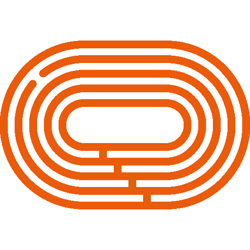 Ein orange-weißes Labyrinthsymbol auf weißem Hintergrund.