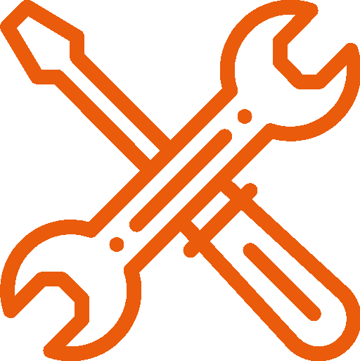 Zwei Schraubenschlüssel und ein Schraubendreher sind in einem orangefarbenen Symbol gekreuzt.