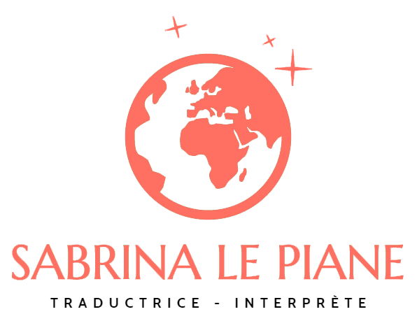 Logo avec globe corallien et &eacute;toiles au-dessus du texte SABRINA LE PIANE et TRADUCTRICE - INTERPRETE