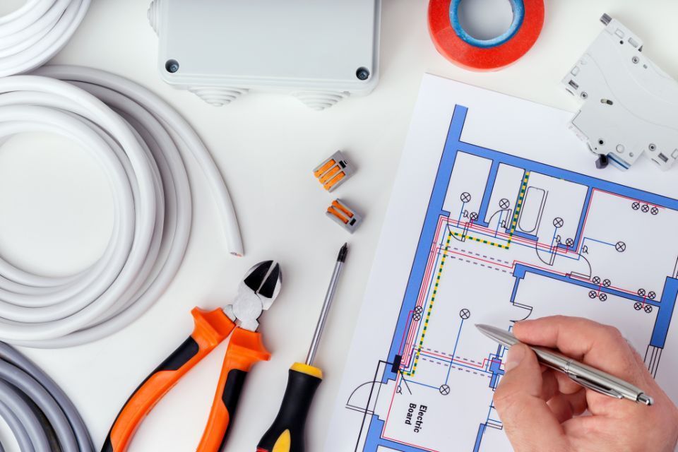 Plan eines Elektrikers, Kabel und Werkzeug
