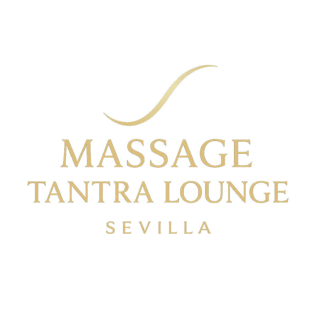 Logotipo para Massage Tantra Lounge en Sevilla. Incluye texto dorado y un gr&aacute;fico de l&iacute;neas curvas.