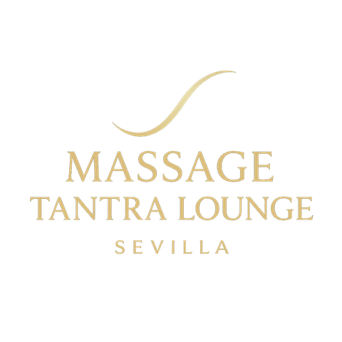 Logotipo para Massage Tantra Lounge en Sevilla. Incluye texto dorado y un gráfico de líneas curvas.
