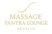Logotipo para Massage Tantra Lounge en Sevilla, texto dorado y elemento de diseño curvo.