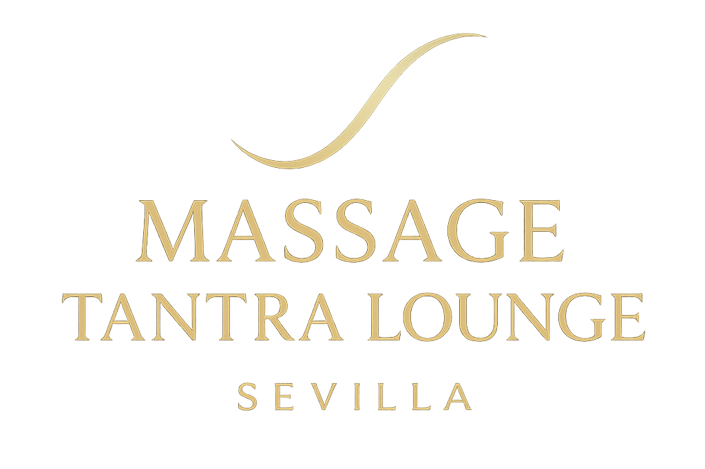 Logotipo para Massage Tantra Lounge en Sevilla, texto dorado y elemento de diseño curvo.