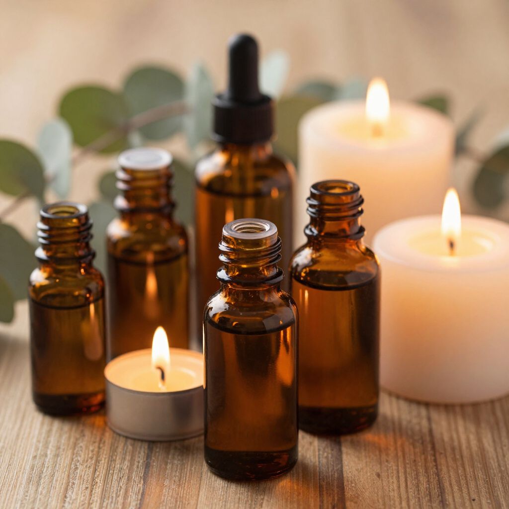 Botellas de aceite esencial de vidrio ámbar y velas encendidas sobre superficie de madera.