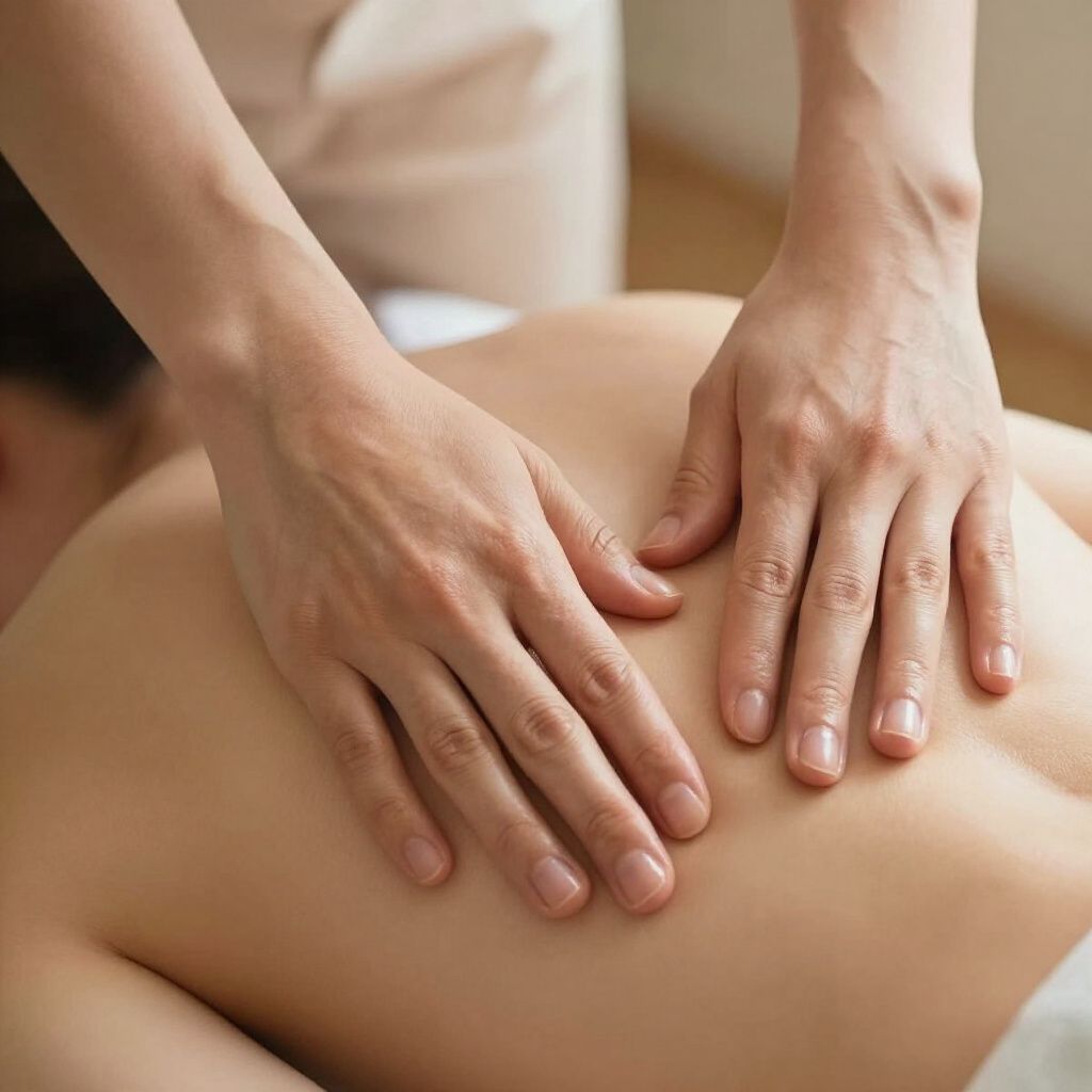 Manos masajeando la espalda baja de una persona, cubierta por una toalla roja, en un entorno de spa poco iluminado.