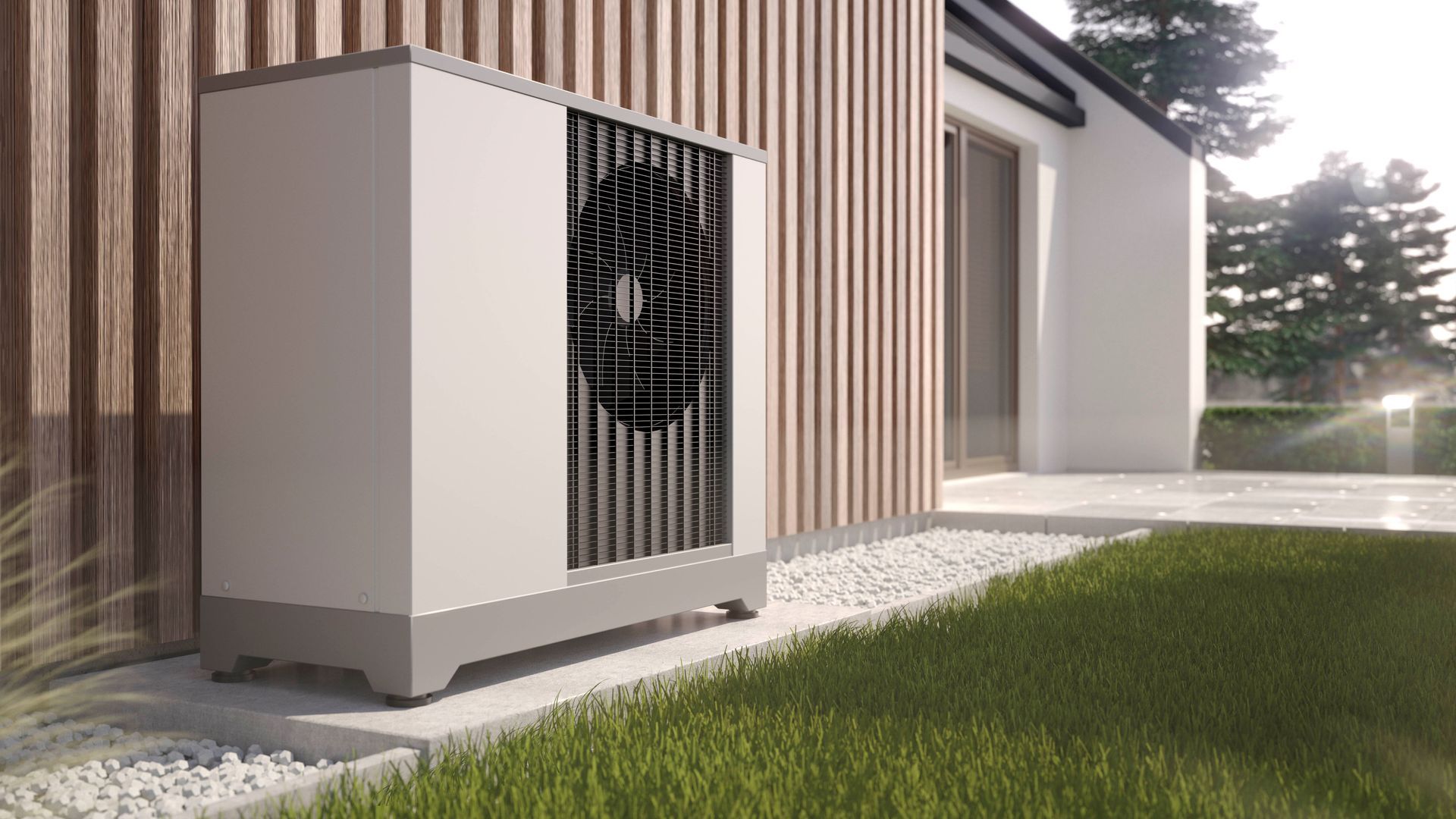 Eine Klimaanlage steht außerhalb eines Hauses.