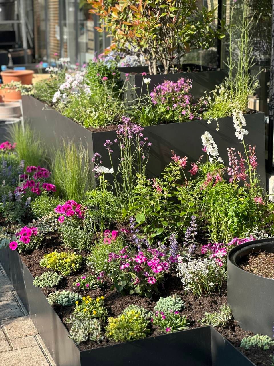 Ein gestufter, moderner schwarzer Pflanzkasten, gefüllt mit einer farbenfrohen Vielfalt an blühenden Pflanzen und Grünpflanzen, auf einer gepflasterten Terrasse.