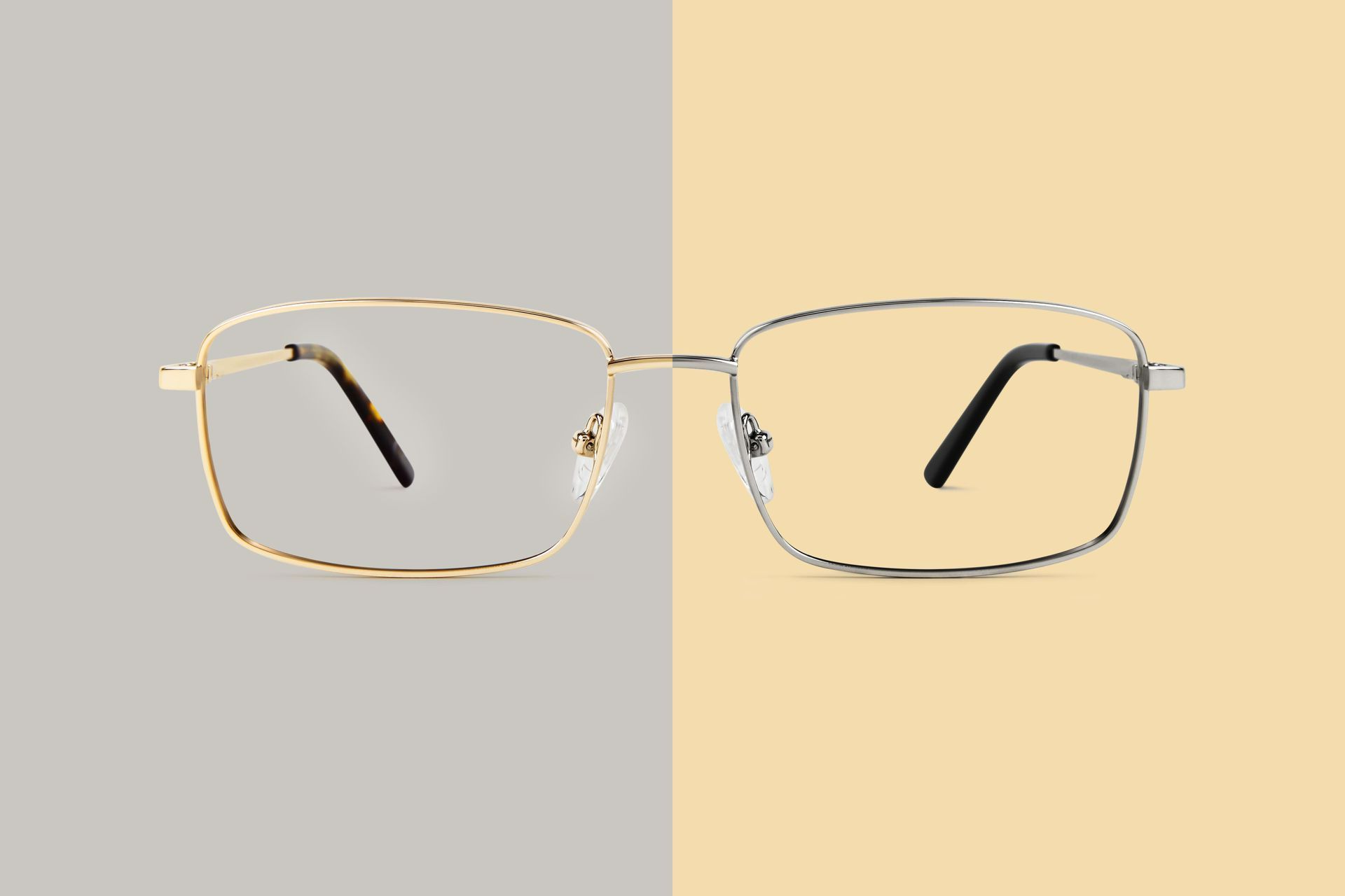 Paire de lunettes sur fond gris et jaune