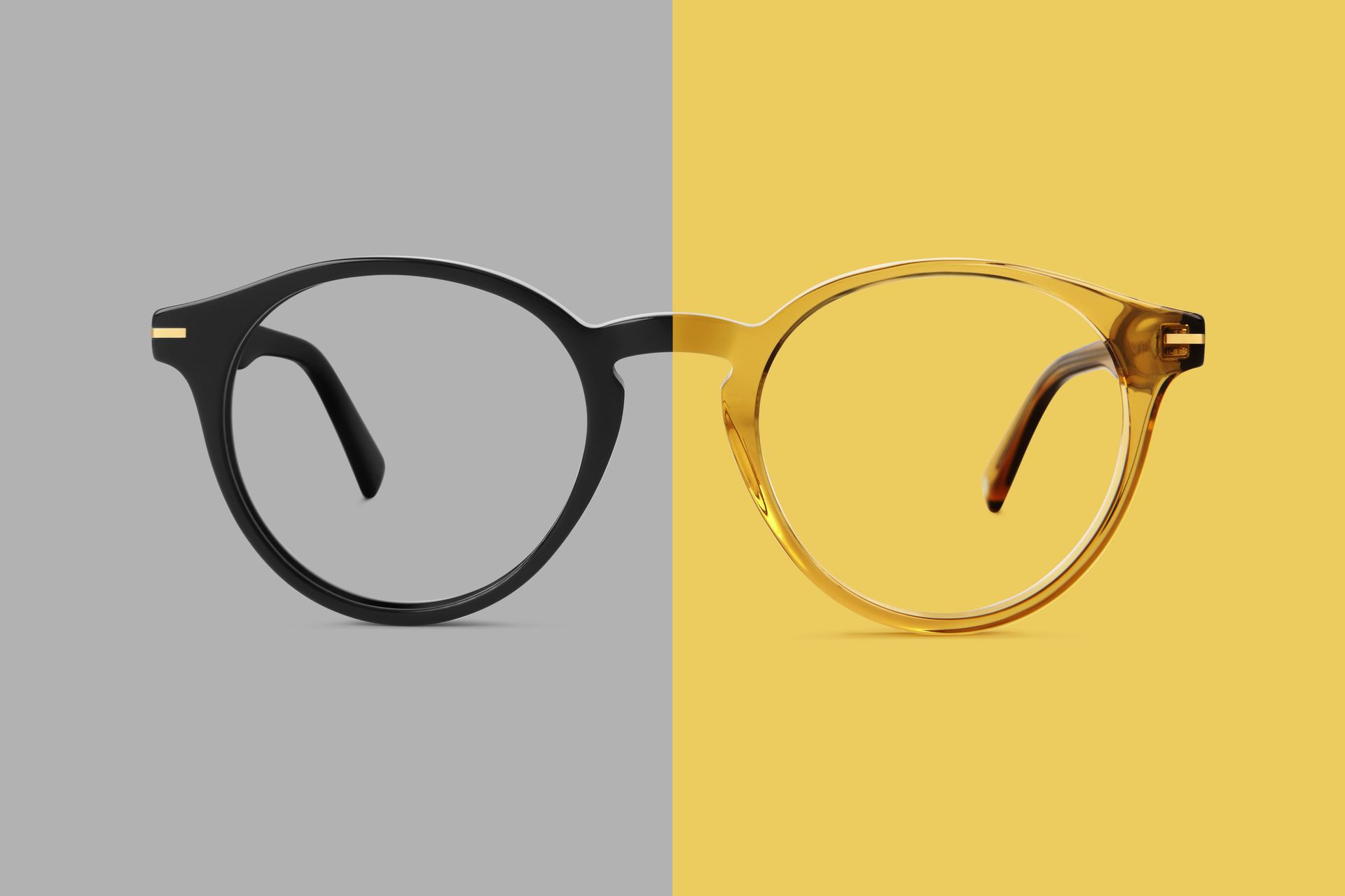 Paire de lunettes sur fond gris et jaune
