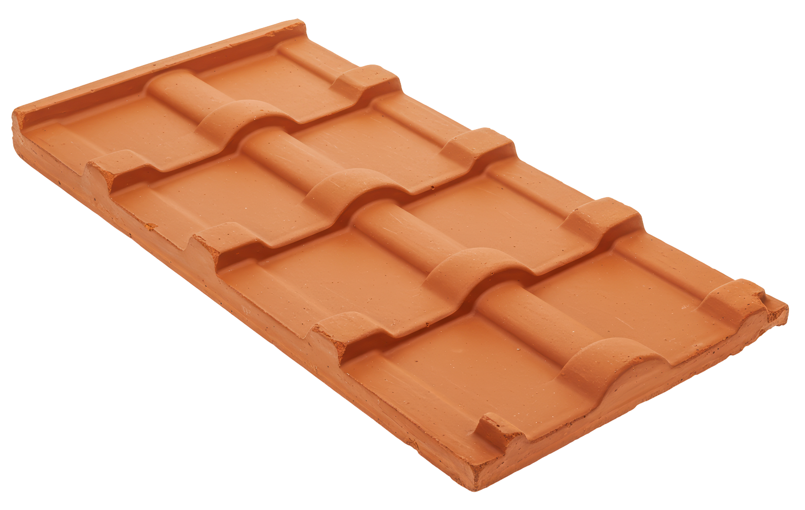 Tuile en terre cuite de couleur brun orangé, avec une surface ondulée et un design imbriqué.