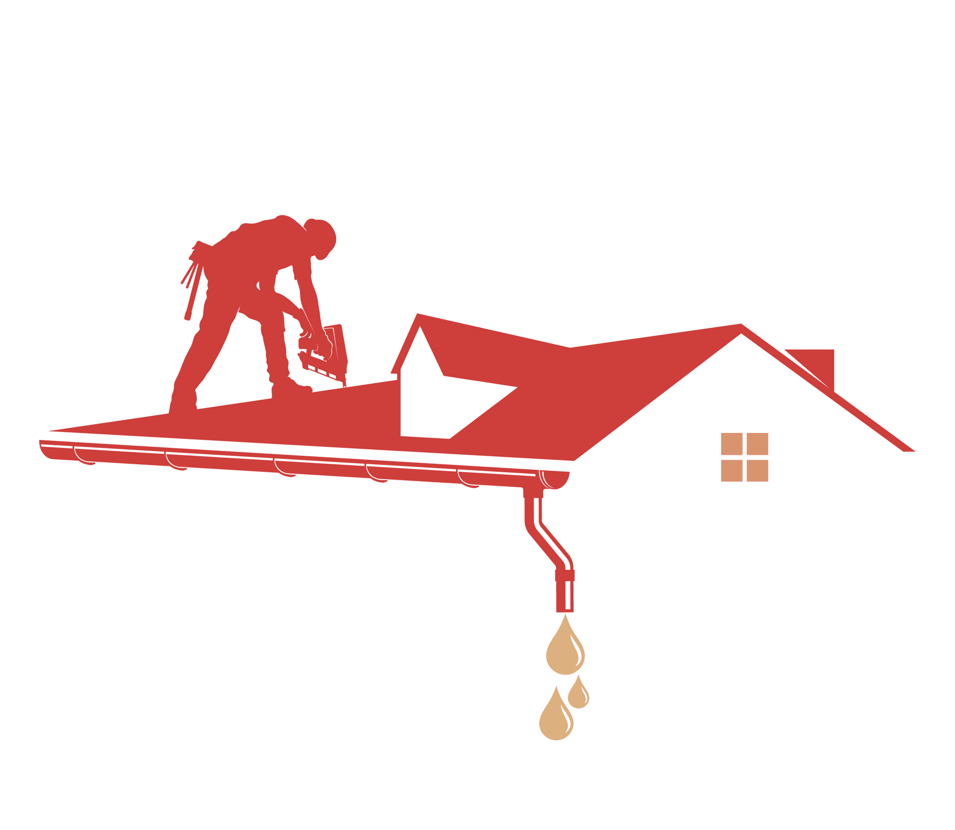 Logo de toiture représentant un ouvrier sur un toit rouge, avec une gouttière et des gouttes d'eau ; fond blanc.