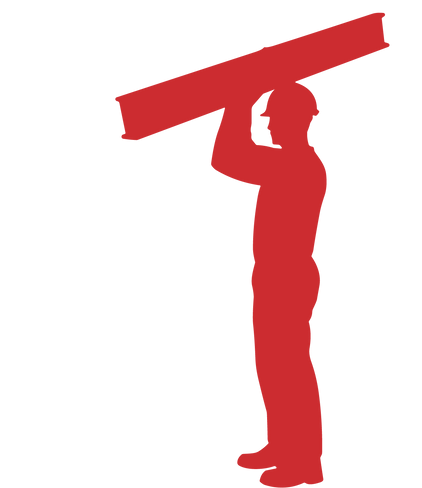 Silhouette rouge d'un ouvrier du bâtiment portant une longue et lourde poutre sur ses épaules.