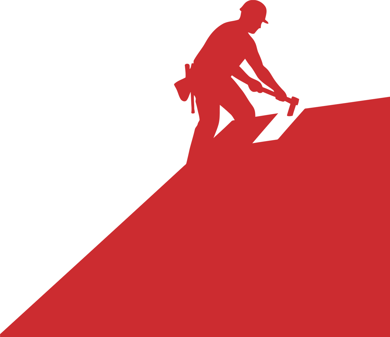 Silhouette rouge d'un couvreur martelant un toit incliné rouge. Fond blanc.