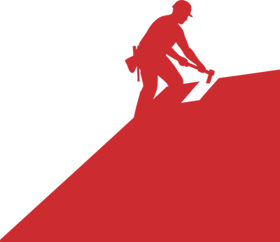 Silhouette rouge d'un ouvrier du bâtiment martelant des bardeaux sur un toit rouge. Fond blanc.