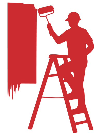 Silhouette rouge d'une personne peignant un mur avec un rouleau depuis une échelle.