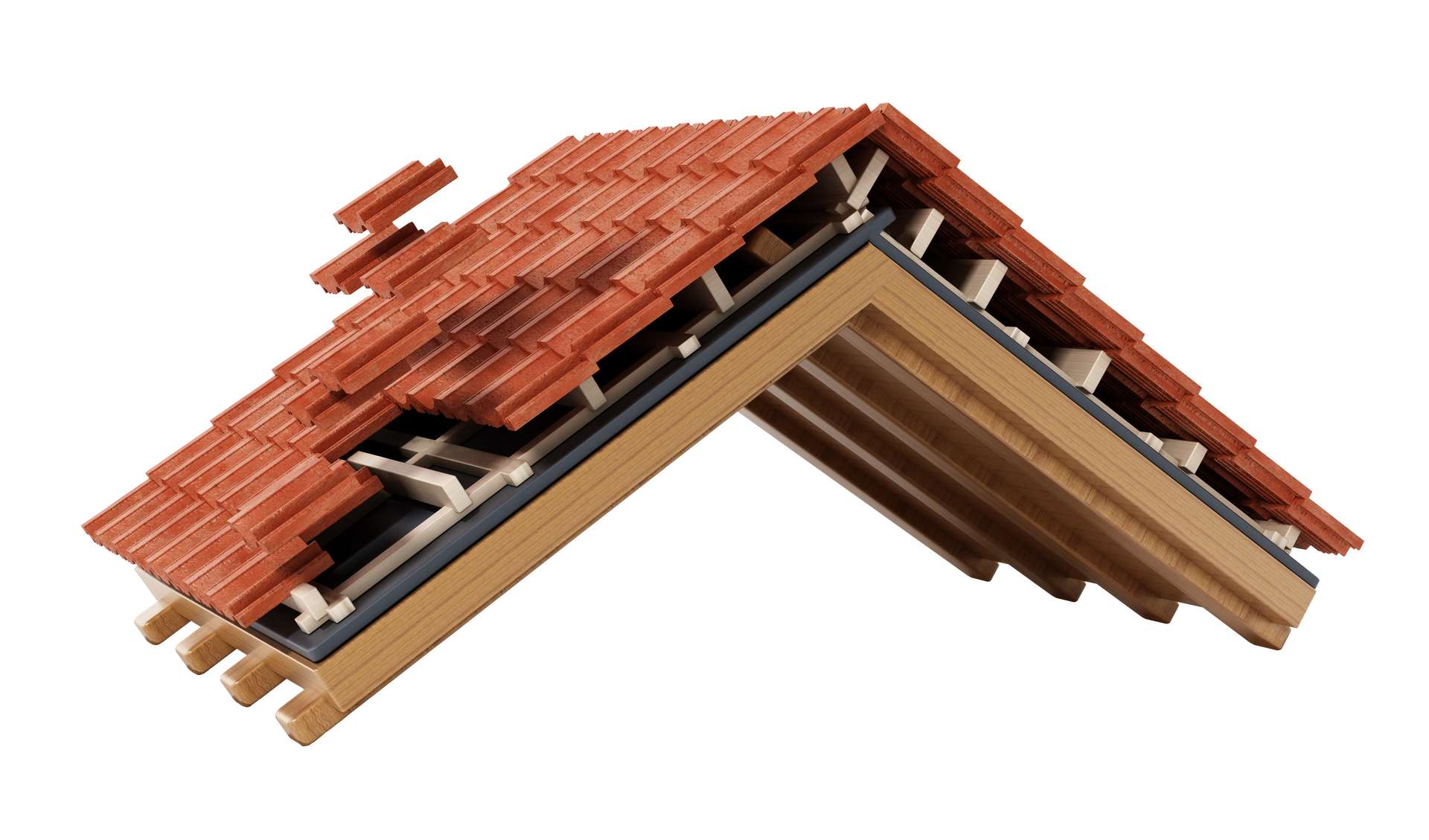 Vue en coupe d'un toit en pente montrant des tuiles rouges, des poutres en bois et l'isolation.