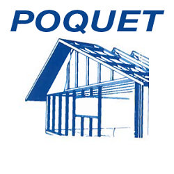 Dessin architectural bleu d'une structure de b&acirc;timent avec le nom POQUET au-dessus.