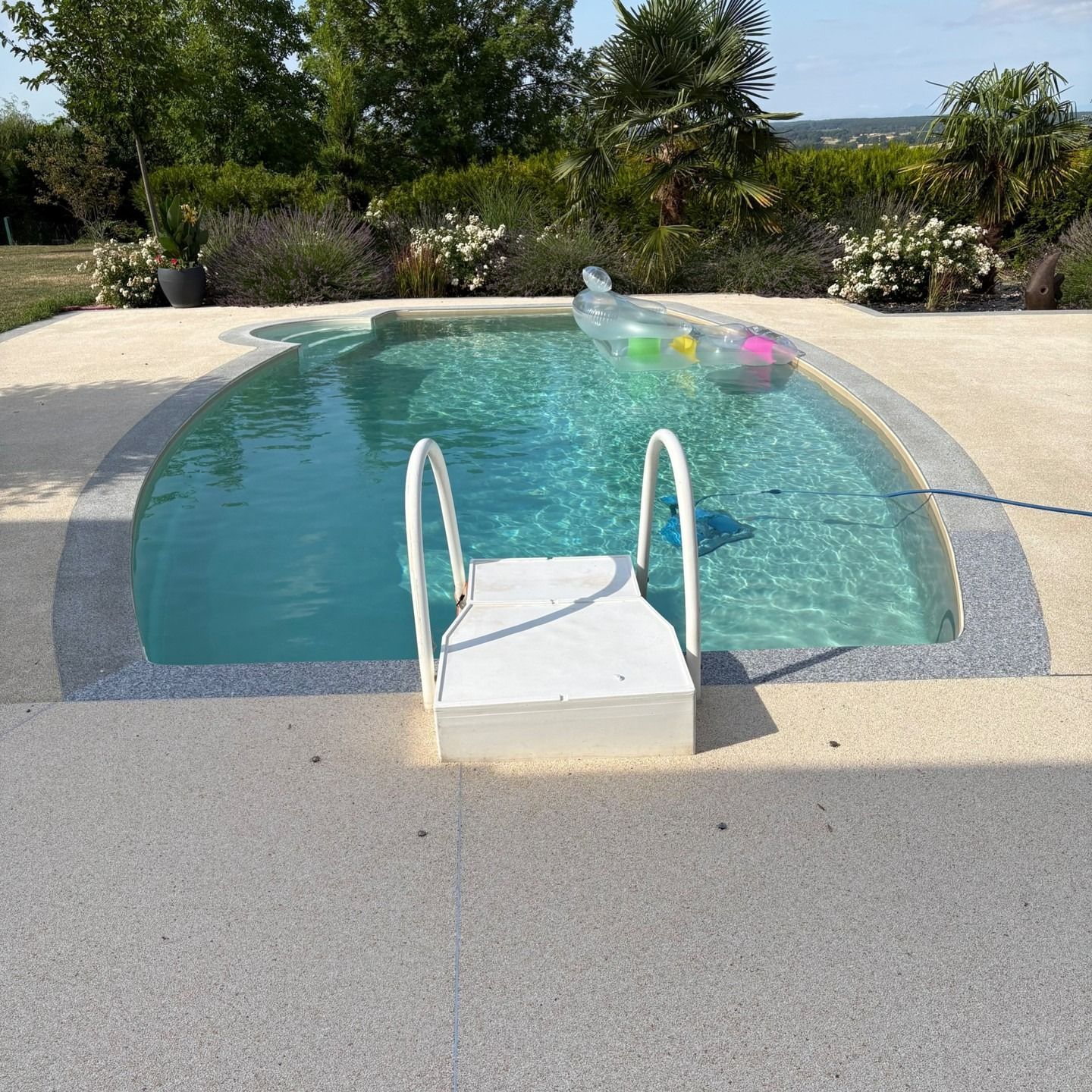 Petite piscine de jardin avec une échelle blanche et des bouées colorées dans l'eau