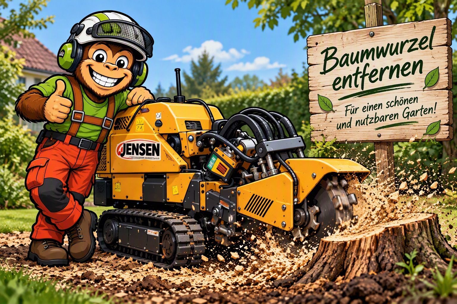 Cartoon tree-stump grinder with smiling worker and sign reading “Baumwurzel entfernen” in a forested yard