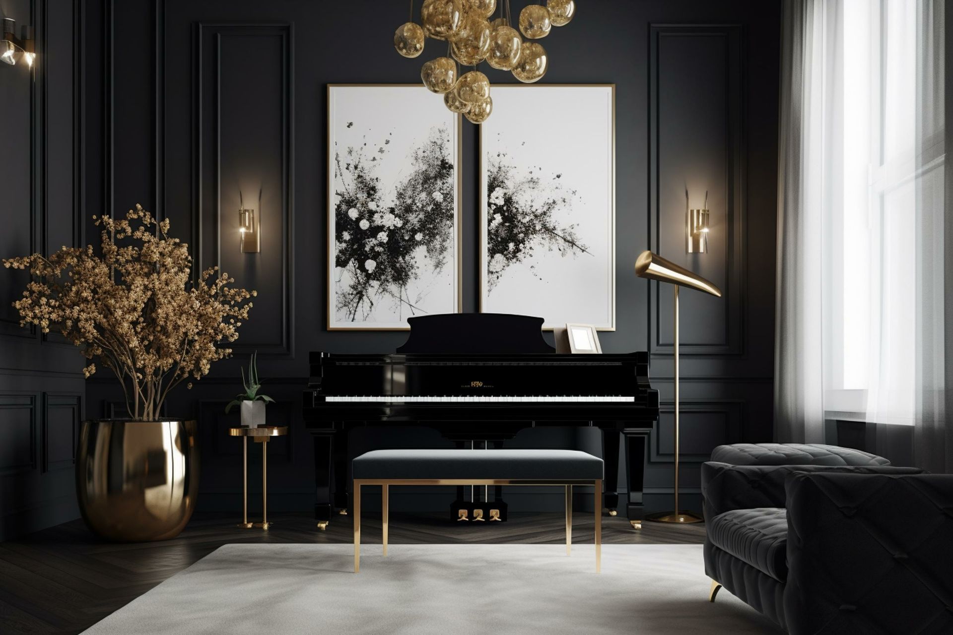 Piano noir dans au fond d'une pièce grise