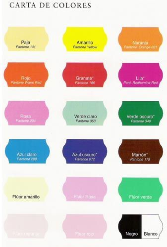 Carta de colores con muestras en varios tonos: amarillo, naranja, rosa, azul, verde, morado, negro y blanco.