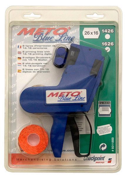 Pistola de cinta adhesiva Meto azul y naranja en embalaje de plástico, vista frontal sobre fondo blanco.