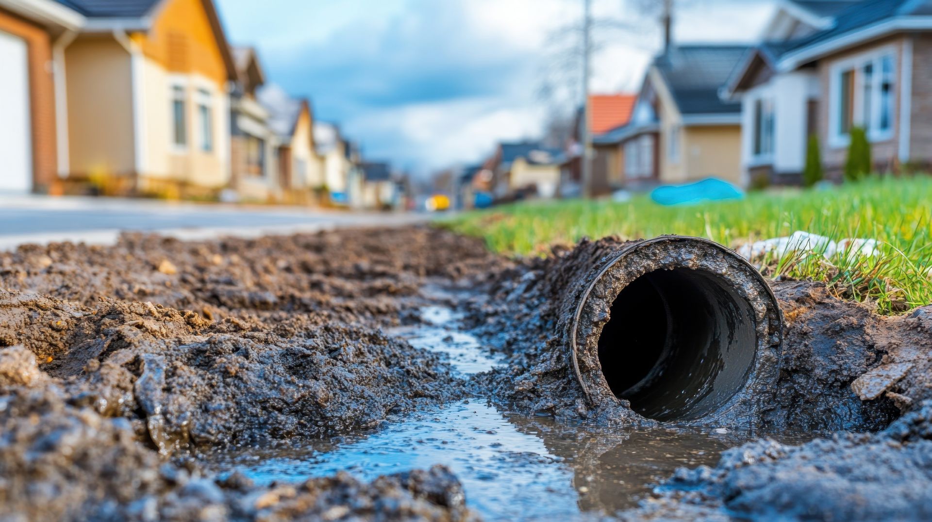Un tuyau de drainage en béton dans un fossé boueux, avec une rue de banlieue et des maisons en arrière-plan.