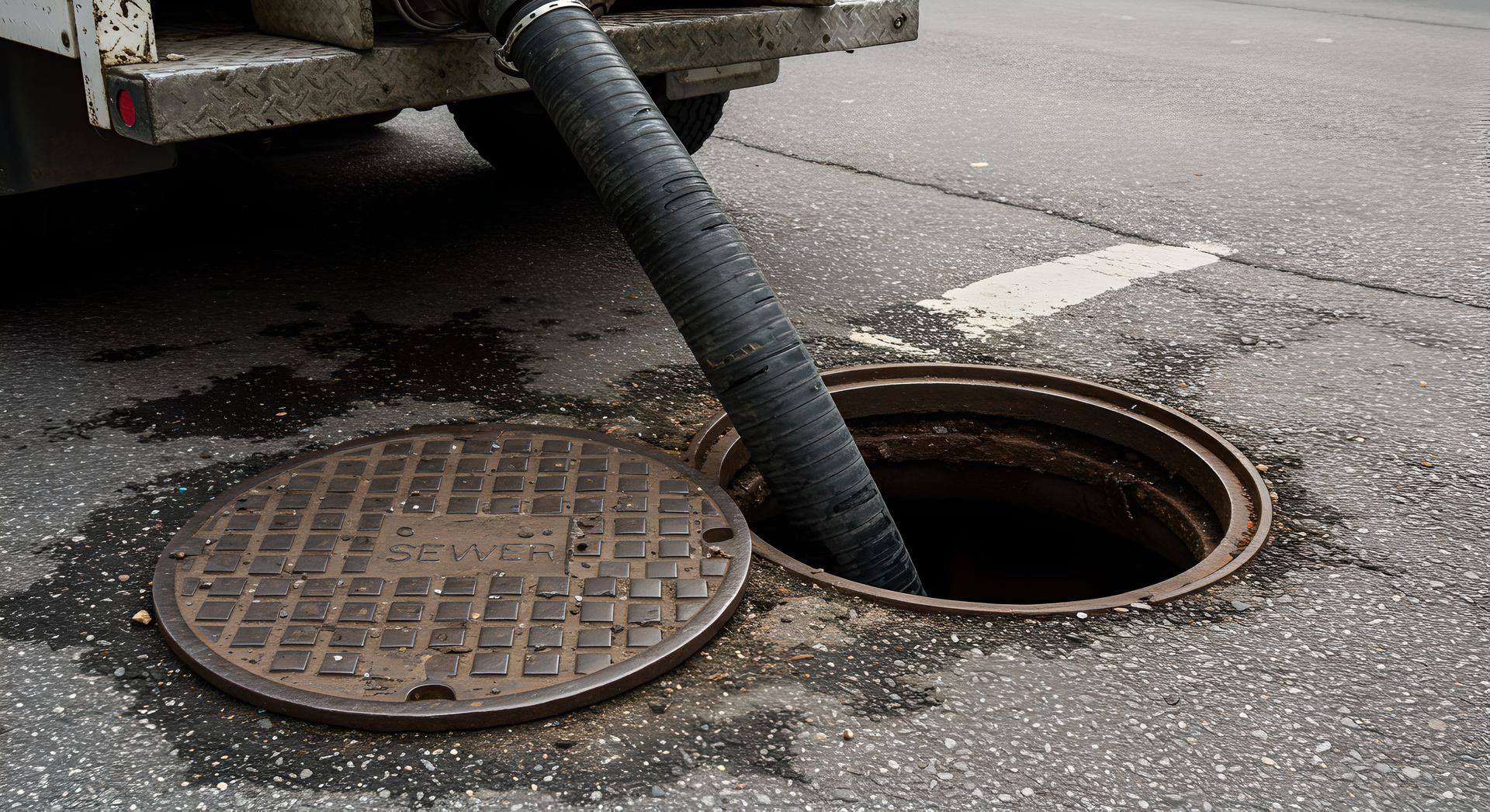 Un tuyau noir débouche dans une bouche d'égout ouverte sur une rue pavée. Un camion est visible en arrière-plan.