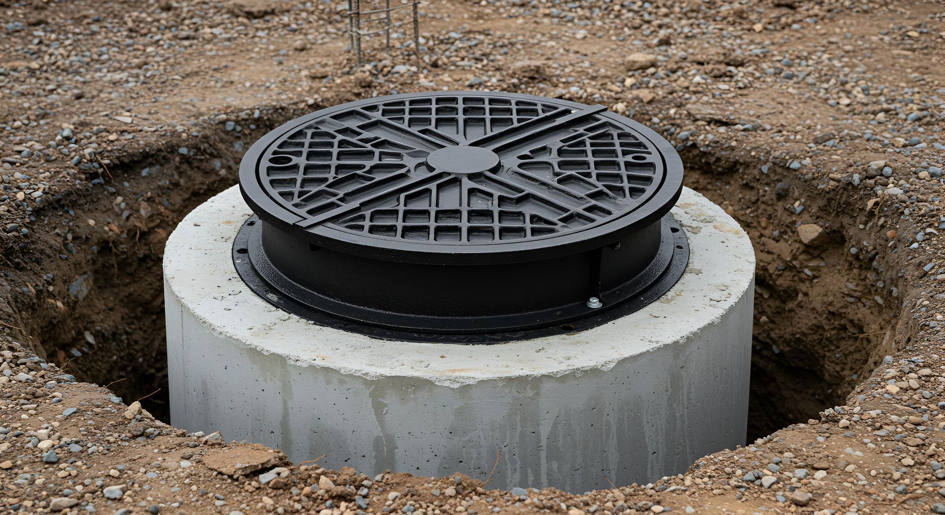 Structure circulaire en béton avec un couvercle noir quadrillé, installée dans un trou de terre.
