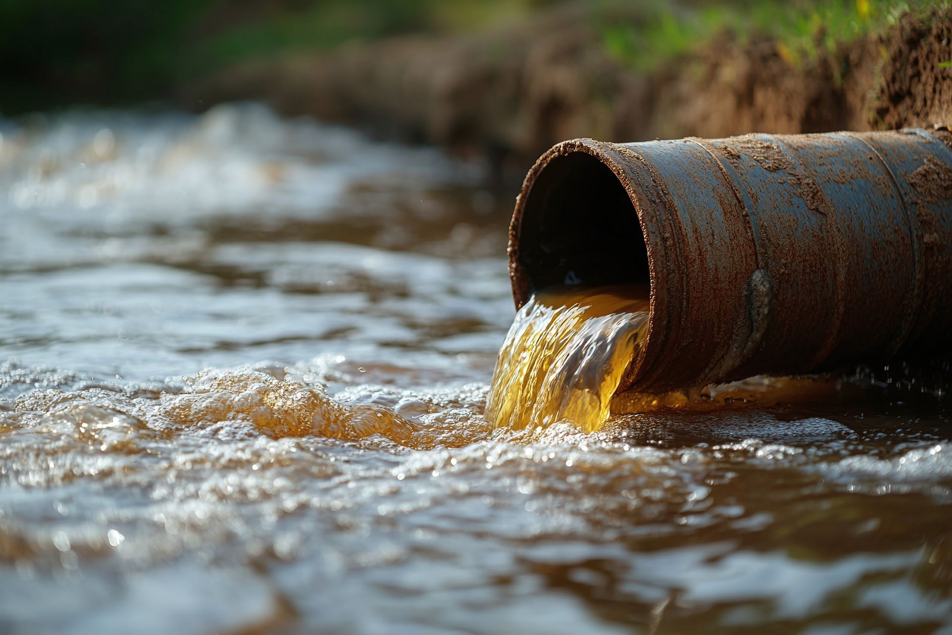 Un liquide brunâtre s'écoule d'un tuyau rouillé dans de l'eau trouble, signe de pollution de l'eau.